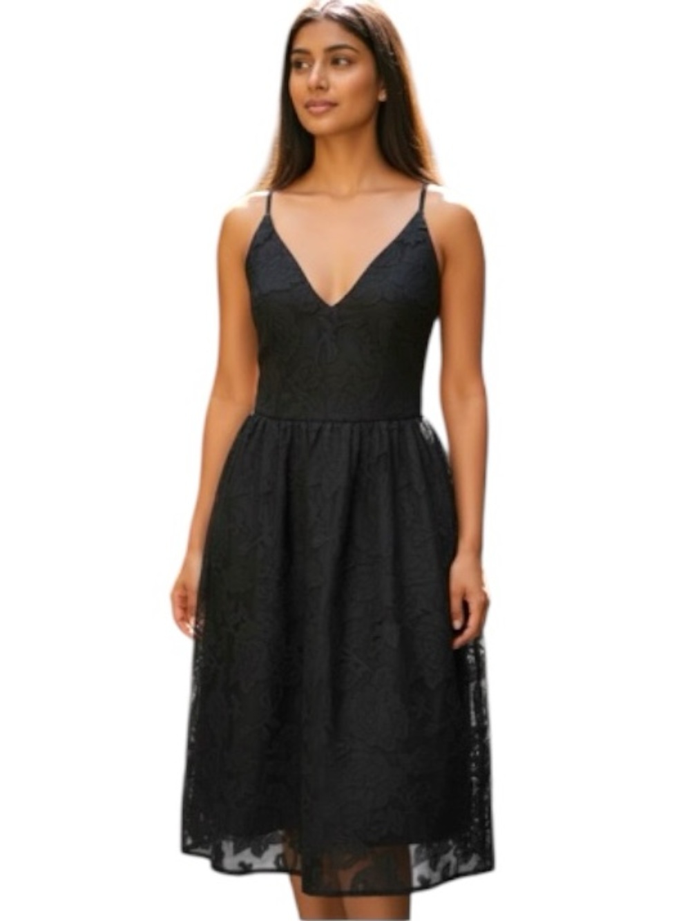 Cupshe Black Sheer Floral Midi Dress Sz S Fit & Flair V Neck Feminine Romantic